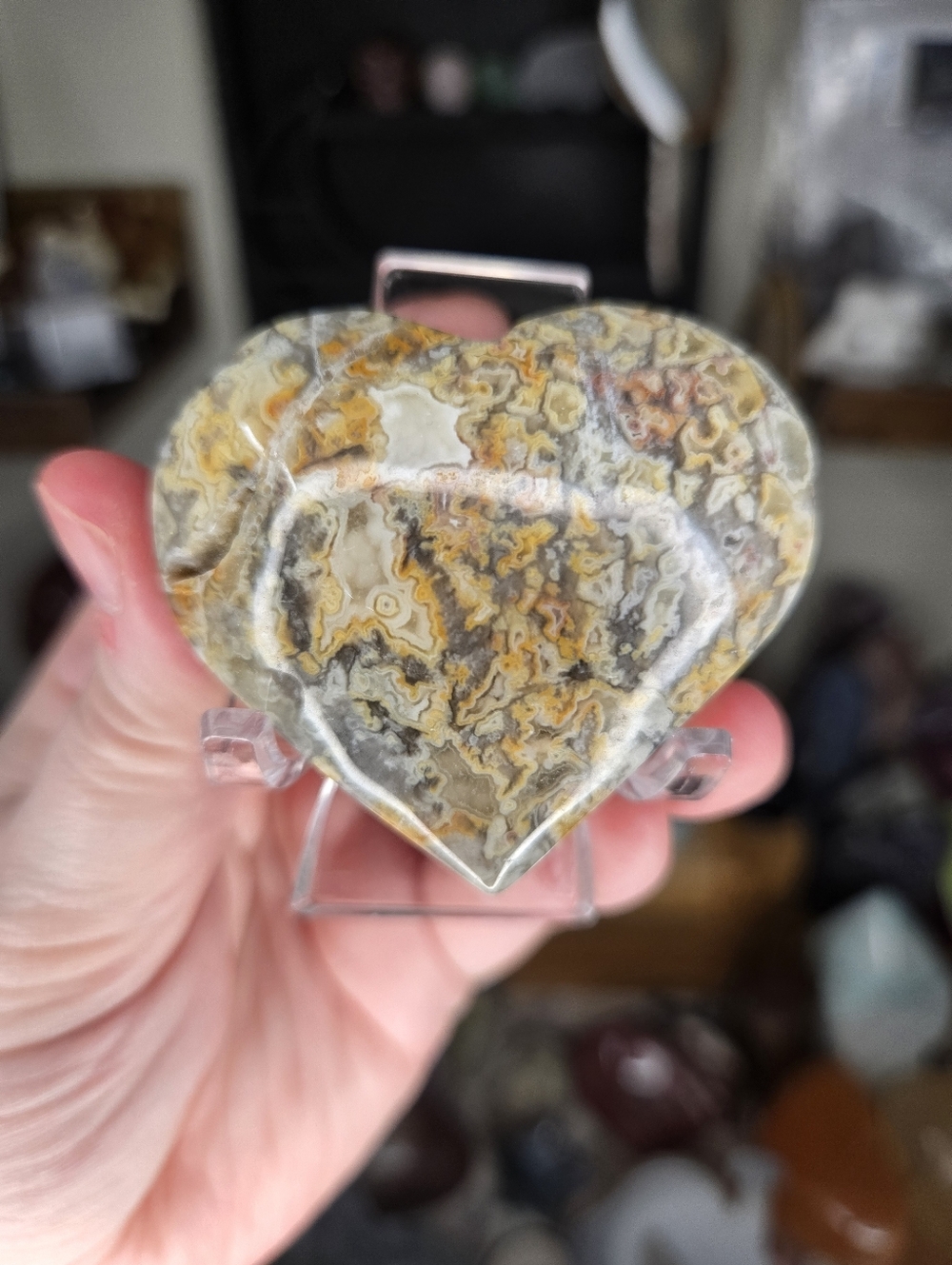 Yellow Crazy Lace Agate Puff Heart Crystal Carving W/ Stand